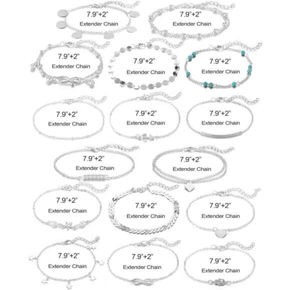 16Pcs Ankle Bracelets for Women Gold Silver TwoStyle Chain Beach Anklet Bracelet - Picture 7 of 8